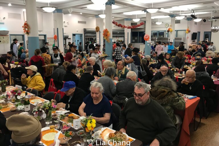 Older New Yorkers enjoying thanksgiving dinner at encore community center